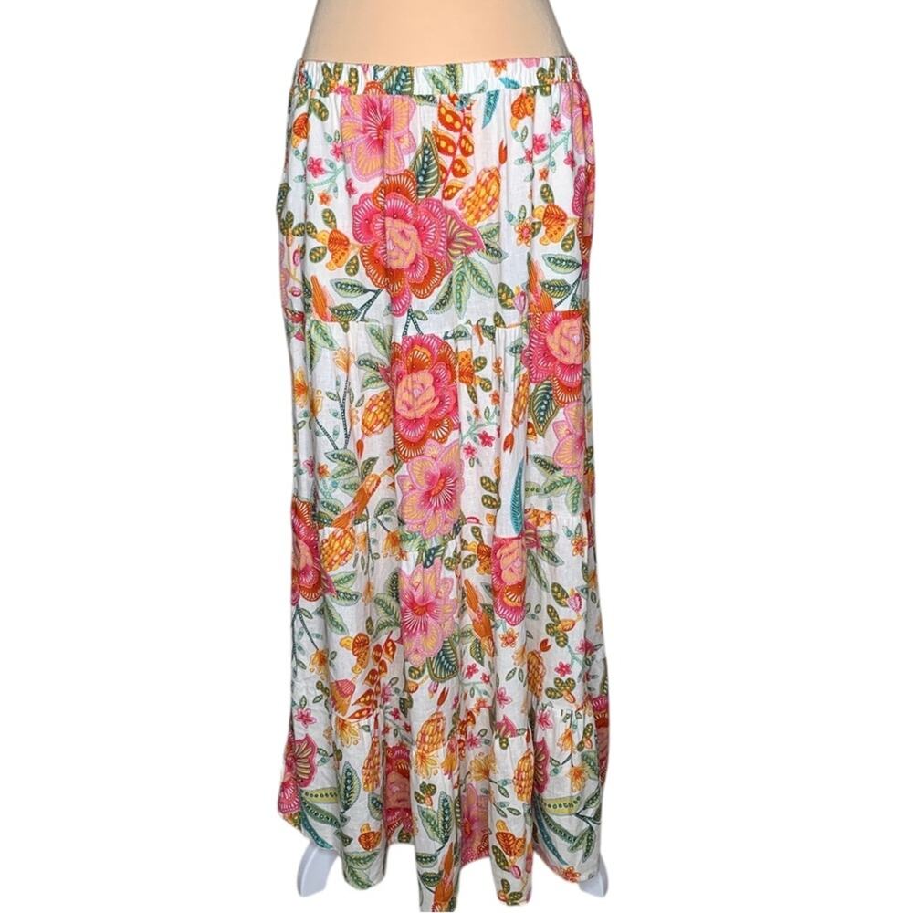 NWT Rachel Zoe Maxi Skirt M Linen Blend Tiered Floral Boho Elastic Cottagecore